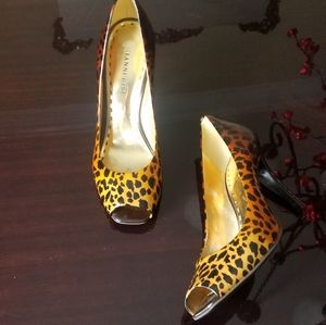 Gianni Bini Cheetah print Peeptoe leather heels